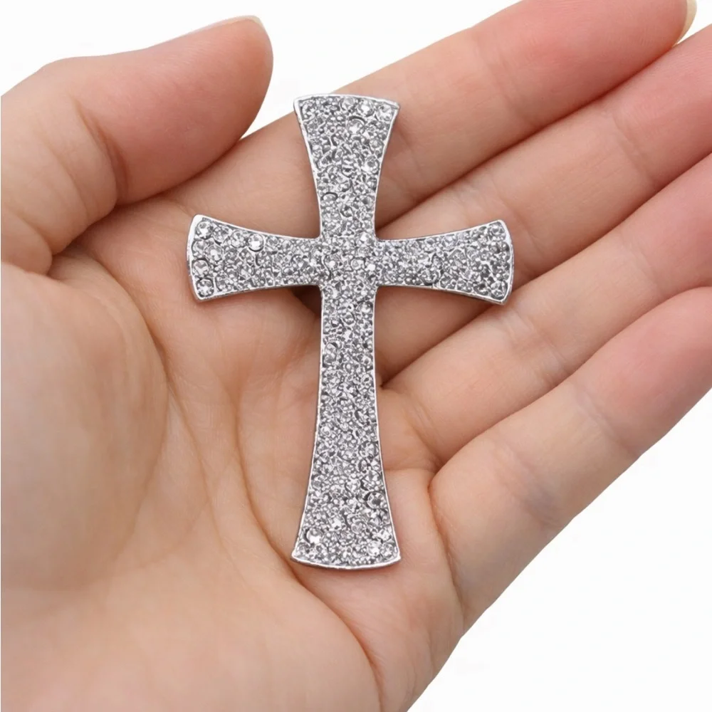 Silver Rhinestone Cross Brooch Vintage Gothic Goth Sparkling Crystal Pin New